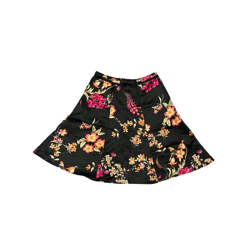Black Floral A-Line Skirt Silky Pink Orange Size L Notations